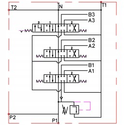 3 sekcijų hidraulinis skirstytuvas, laisvas srautas