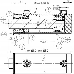Hidraulinio cilindro pavara, stūmoklis 70x40, eiga 400