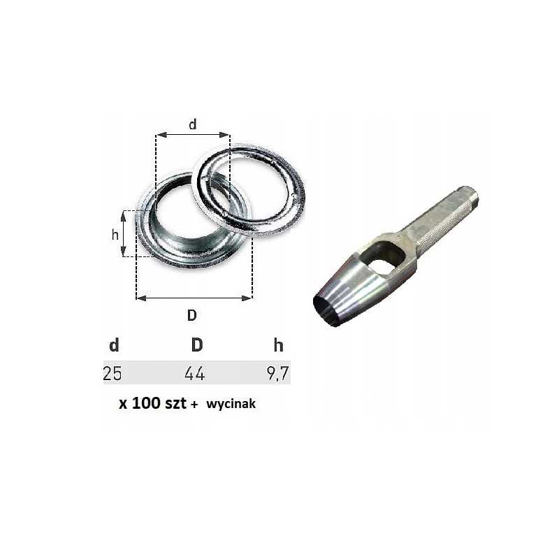 100 vnt kilpelių tentui, skersmuo 25, pjaustytuvas