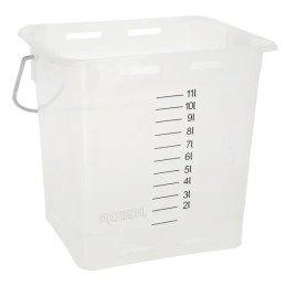 Skaidrus baltas šėrimo kibiras su svarstyklėmis