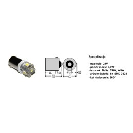 Ba9s t4w w5w 5x smd led 24v sunkvežimiui, šaltai baltas