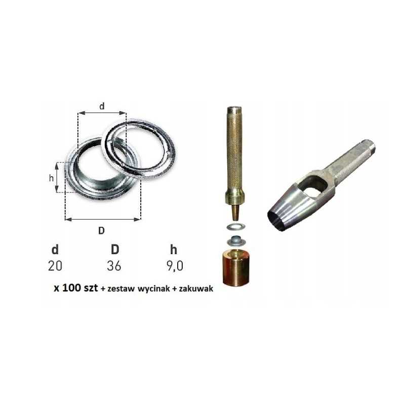 100 vnt kilpų tentui, skersmuo 20 mm su gofruotoju ir pjaustytuvu