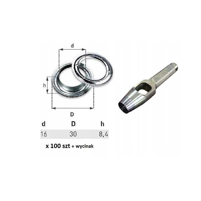 100 vnt kilpelių brezentui, skersmuo 16 mm, pjaustytuvas