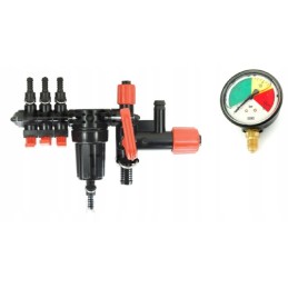 Kolektorius, 3 sekcijų purkštuvo vožtuvas, manometras