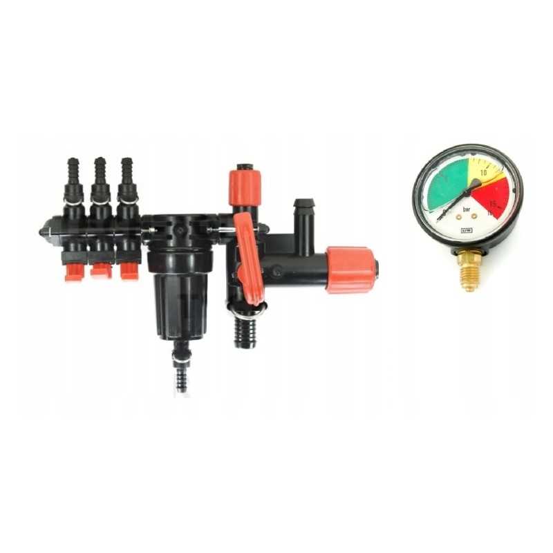 Kolektorius, 3 sekcijų purkštuvo vožtuvas, manometras