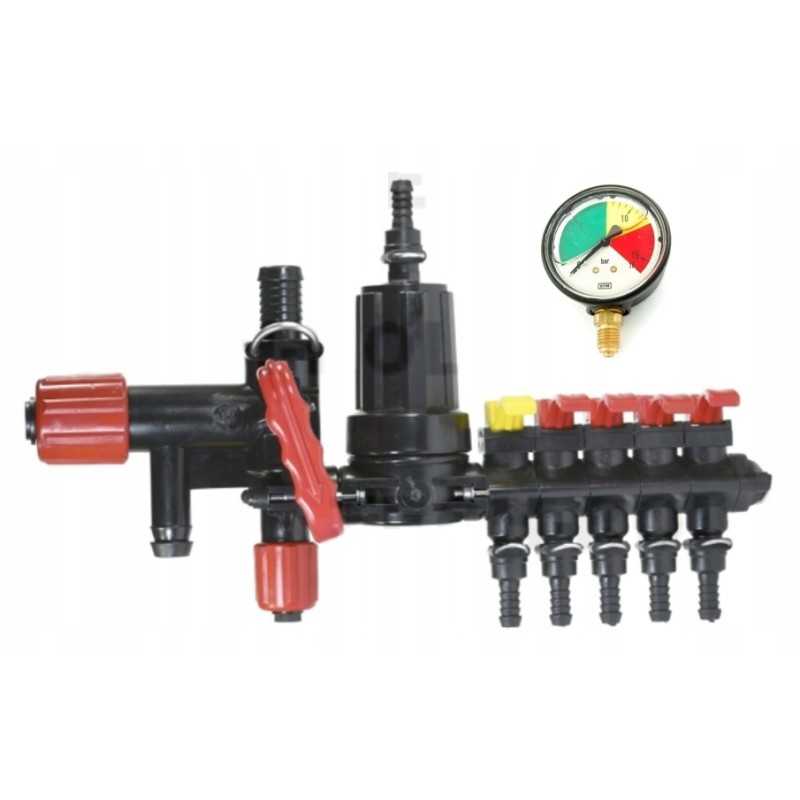 Skirstytuvas, 5 sekcijų purkštuvo vožtuvas, manometras