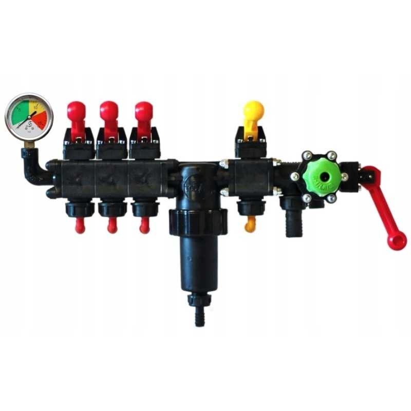 3 sekcijų duro purkštuvo skirstytuvas, 3 manometrai