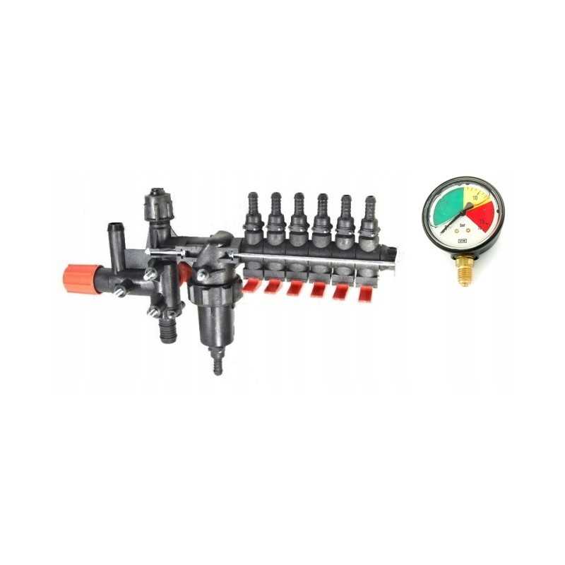 Kolektorius, 6 sekcijų purkštuvo vožtuvas, manometras