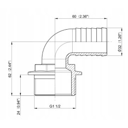 Žarnos jungties alkūnės sriegis 1 1 2 32 mm žarna