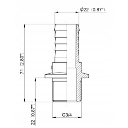 Tiesi žarnos jungtis, išorinis sriegis 3 4, 22 mm žarna