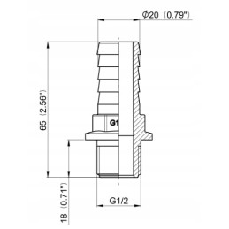 Tiesi žarnos jungtis, išorinis sriegis 1 2, 20 mm žarna