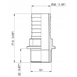 Tiesi žarnos jungtis, išorinis sriegis 1, 30 mm žarna