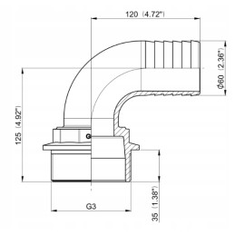 Žarnos jungtis, alkūnė, išorinis sriegis 3, skirtas 60 mm žarnai