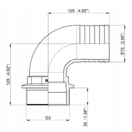 Žarnos jungtis, alkūnė, išorinis sriegis 3, skirtas 75 mm žarnai
