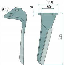 Kartinių akėčių dantis, kairysis, 325x110x16mm sulky welger