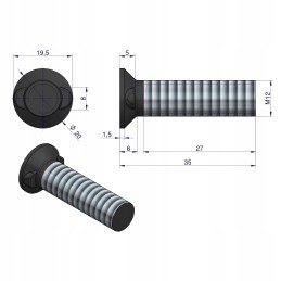 Kištukinis varžtas M12x35mm, dviejų nosių, 12 klasė 9, 25 vnt.