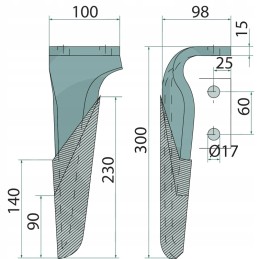 Dešinysis akėčių dantis su danga 300 x 100 x 15