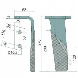Kairysis akėčių dantis su danga 270 x 110 x 12