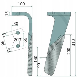 Variklinių akėčių dantis, dešinė, 316x100x15mm kg 30 rabe
