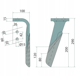 Kartinių akėčių dantis, suvirintas, dešinysis, 280x80x15 mm