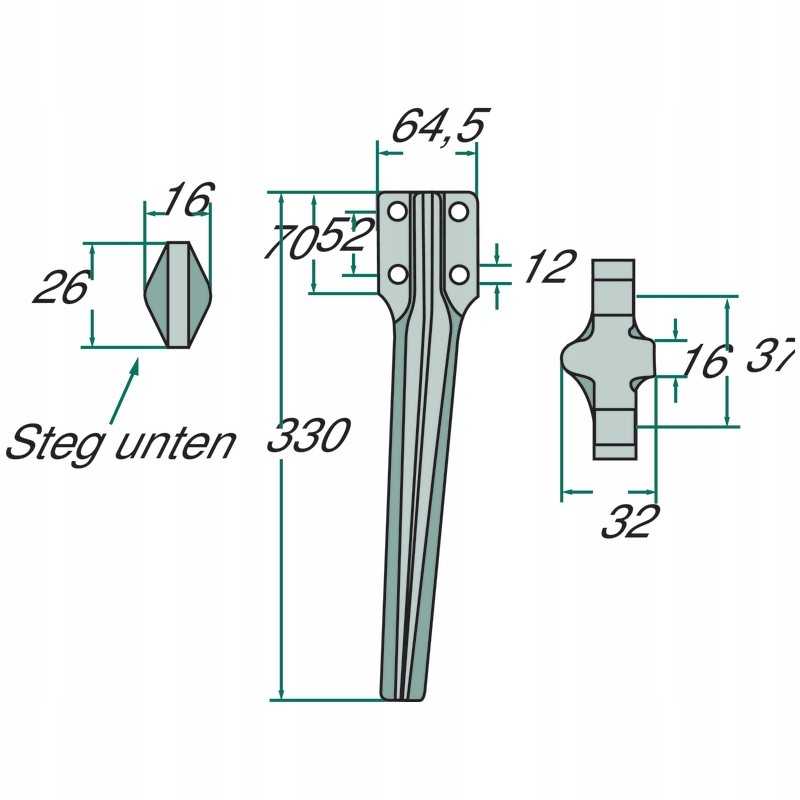 Variklinių akėčių dantis, dešinė, 180rh 65 52r