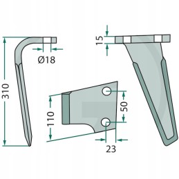 Aktyvių akėčių noragas, kairysis, ilgis 310 mm, plotis