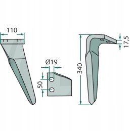 Variklinių akėčių dantis dešinysis 340x110x17 5mm akordas kv
