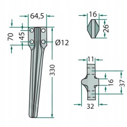 Aktyvių akėčių noragas, kairysis, ilgis 330 mm, plotis