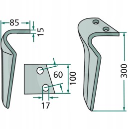 Variklinių akėčių noragas, kairysis, 300x100x15mm, angos skersmuo 17m