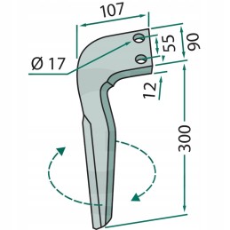 Variklinių akėčių dantis, dešinė, 300x90x12mm, angos skersmuo 17m