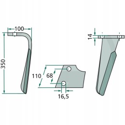 Variklinių akėčių dantis, dešinė, 350x100x14mm, anga 16