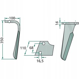 Variklinių akėčių dantis, dešinė, 350x100x14mm, anga 16