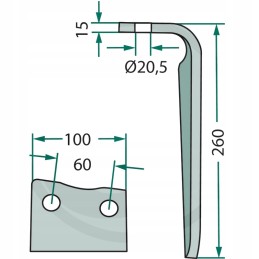 Dešinysis aktyvus akėčių noragas, ilgis 260 mm, plotis