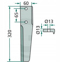 Variklinių akėčių dantis, dešinė, 320x60x13mm, angos skersmuo 13m
