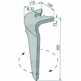 Variklinių akėčių dantis, dešinė, 305x100x15mm, anga 32