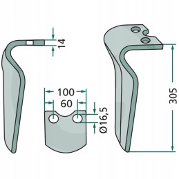 Variklinių akėčių dantis, dešinė, 305x100x14mm, anga 16