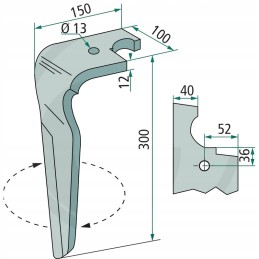 Variklinių akėčių dantis, dešinė, 300x100x12mm, anga 13