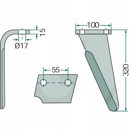 Variklinių akėčių dantis, dešinė, 320x100x15mm, anga 17