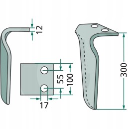 Variklinių akėčių dantis, dešinė, 300x100x12mm, anga 17
