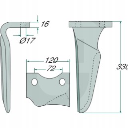 Variklinių akėčių dantis, dešinė, 330x120x16mm, anga 17