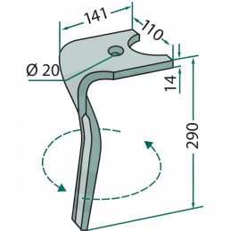 Aktyvių akėčių noragas, kairysis, ilgis 290 mm, plotis