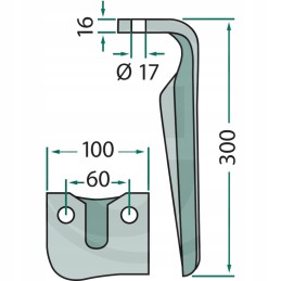 Variklinių akėčių dantis, dešinė, 300x100x16mm, anga 17