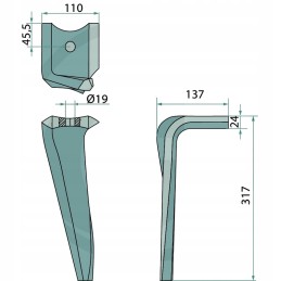 Variklinių akėčių dantis, dešinė, 317x110x24mm, anga 19