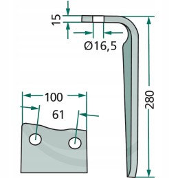 Variklinių akėčių dantis, kairysis, 280x100x15mm, anga 16