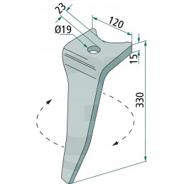 Variklinių akėčių dantis, kairysis, 330x120x15mm, anga 19