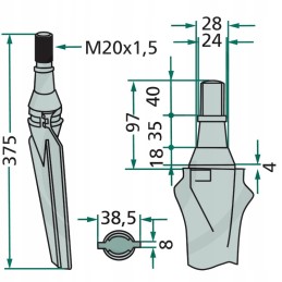 Aktyvių akėčių noragas, kairysis, ilgis 375 mm, plotis
