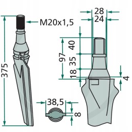 Aktyvių akėčių noragas, kairysis, ilgis 375 mm, plotis