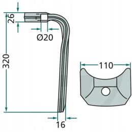 Variklinių akėčių dantis, dešinė, 320x110x26mm, anga 2