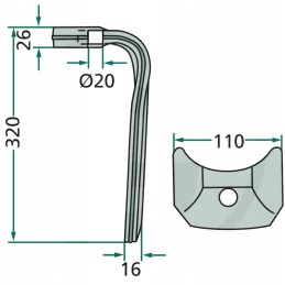 Variklinių akėčių dantis, dešinė, 320x110x26mm, anga 2