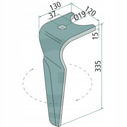 Variklinių akėčių dantis, kairysis, 335x120x15mm, anga 19